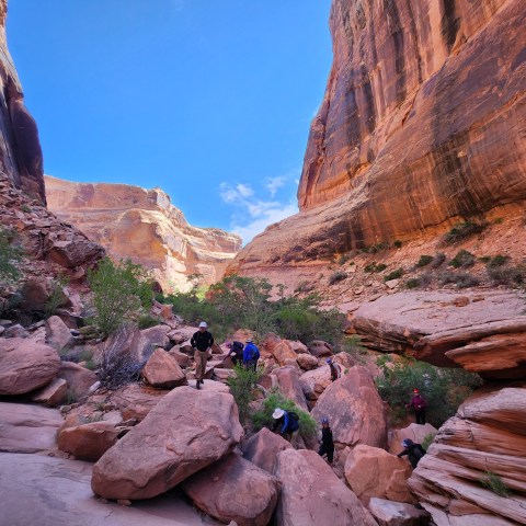 Hikers navigate a rocky canyon with tall sandstone cliffs under a clear blue sky.