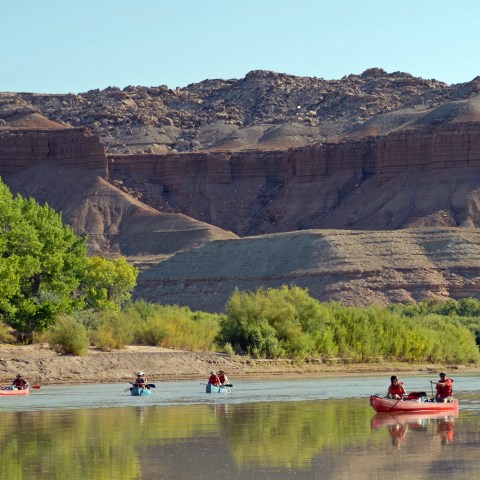 People canoeing on a calm river with rocky cliffs and trees in the background.