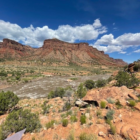 Desert landscape with red rock formations, river, and blue sky with clouds.